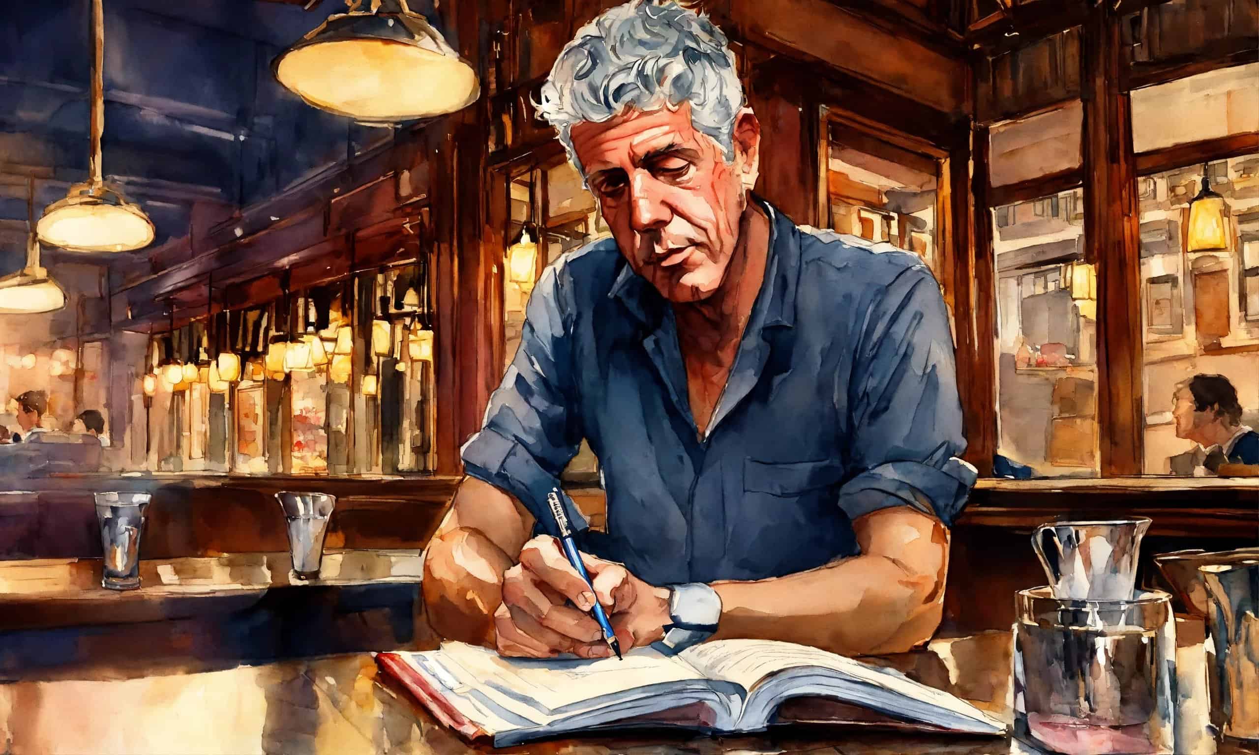 Anthony Bourdain writing in a French brasserie as a late bloomer