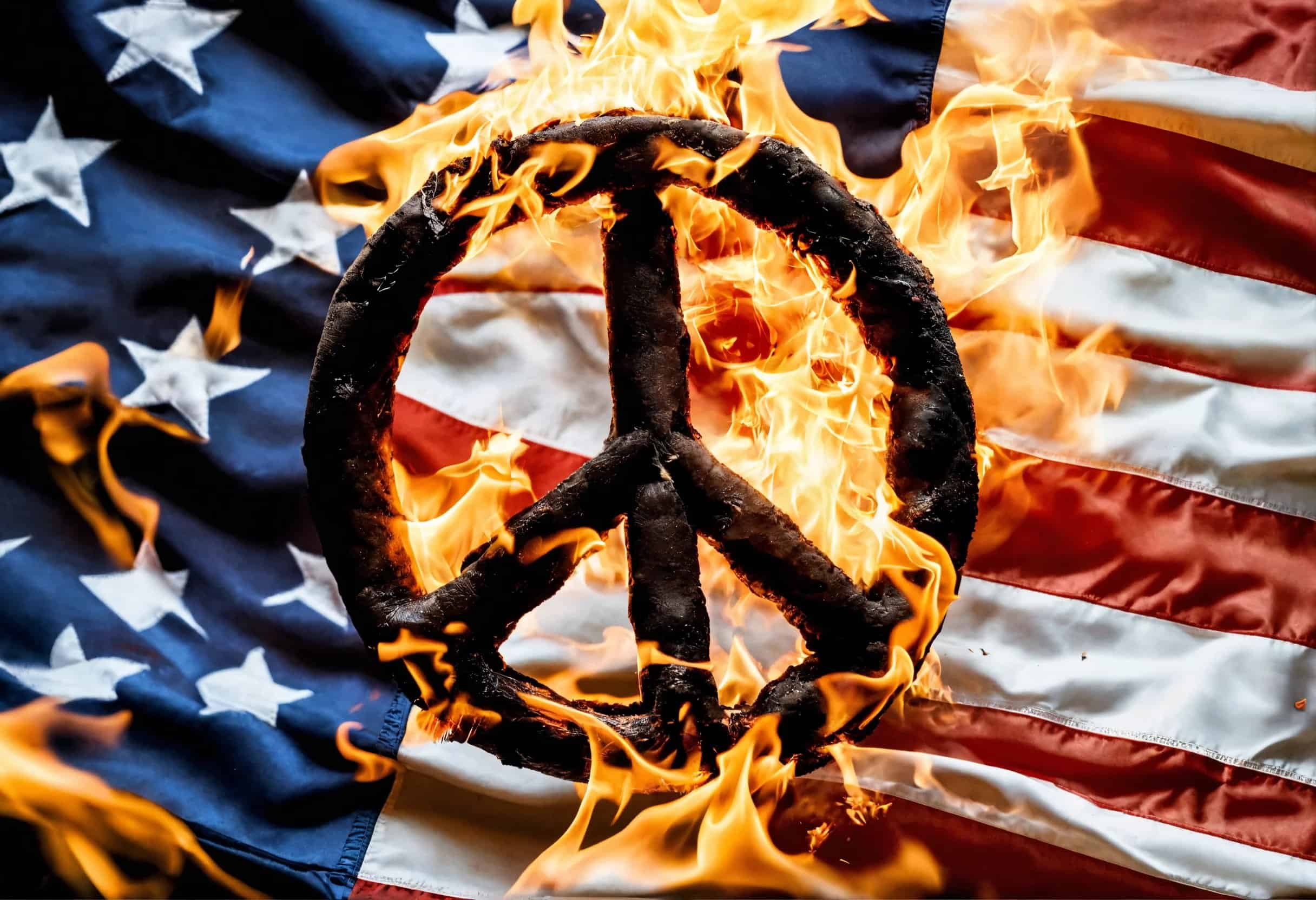 Burning peace sign on an American flag
