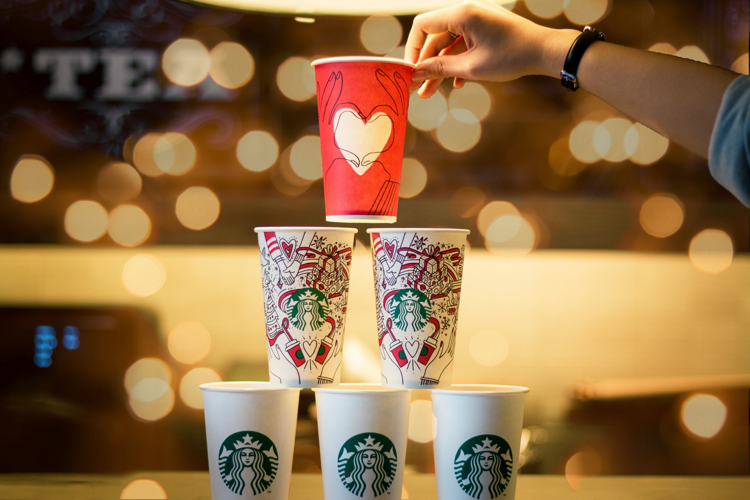 Starbucks cups with hearts