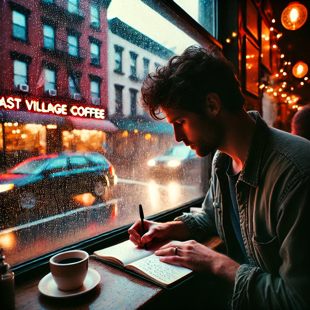 A man writing an essay on 'Beware of Whose Complain' at an East Village NYC coffee shop