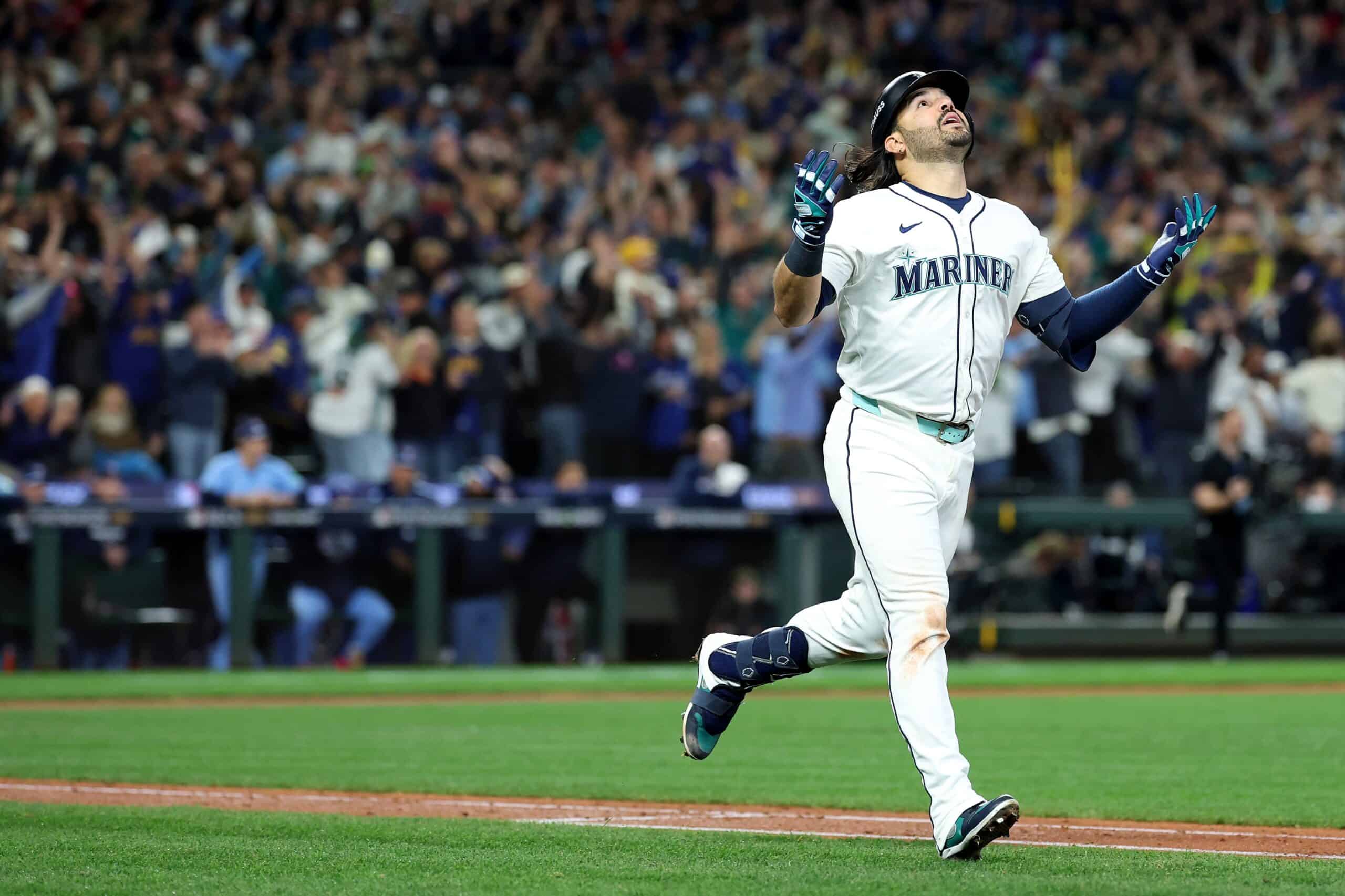 Eugenio Suarez of the Seattle Mariners baseball team looking to the sky after hitting a grand slam