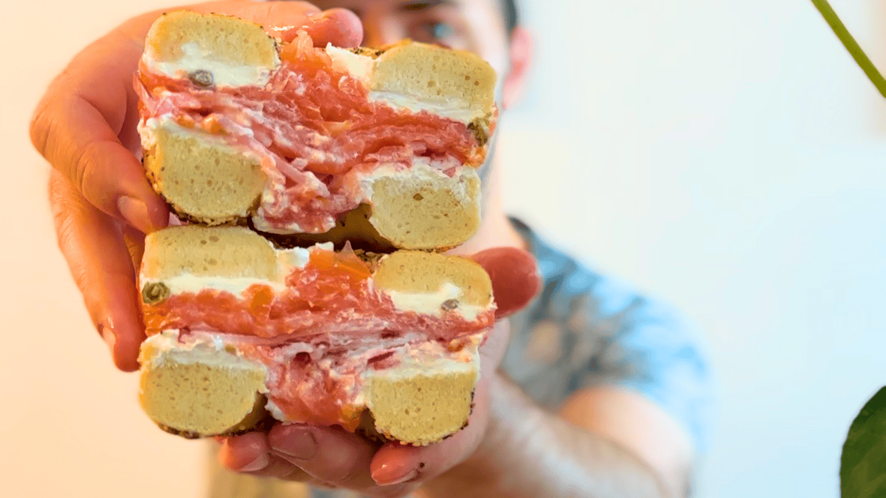 Best bagels in nyc; lox and cream cheese on an everything bagel