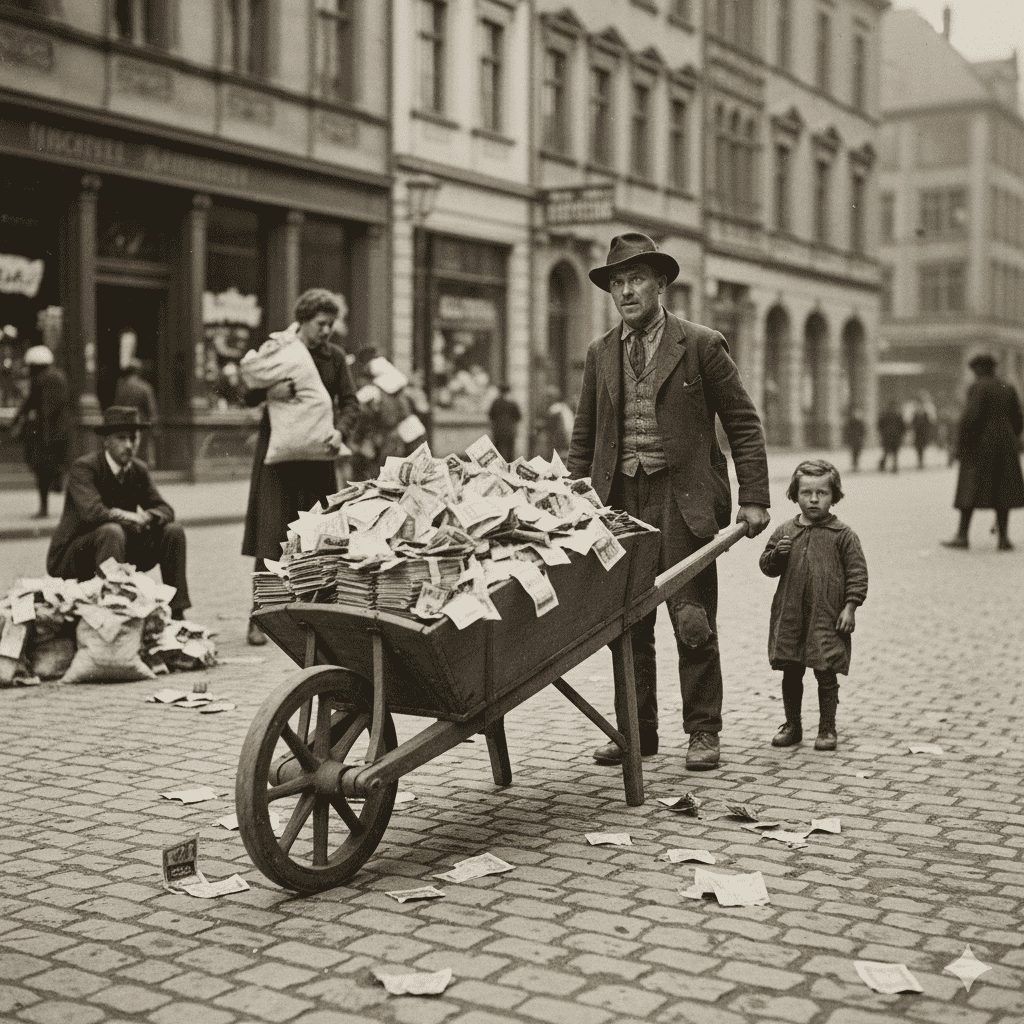 A man and child with a wheelbarrow full of money in 1920s Weimar Germany after the collapse of the German Papiermark.