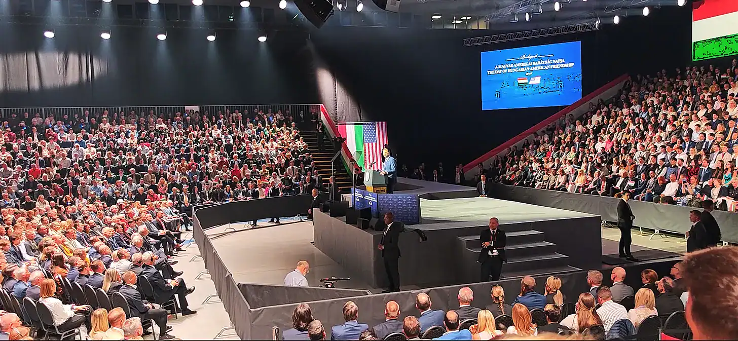 JD Vance speaking in Budapest at an American-Hungarian conference.